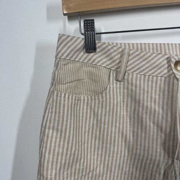 Elle Grey Short Women M White Tan Stripe Linen Blend Pocket Coastal Quite Luxury - Picture 3 of 9